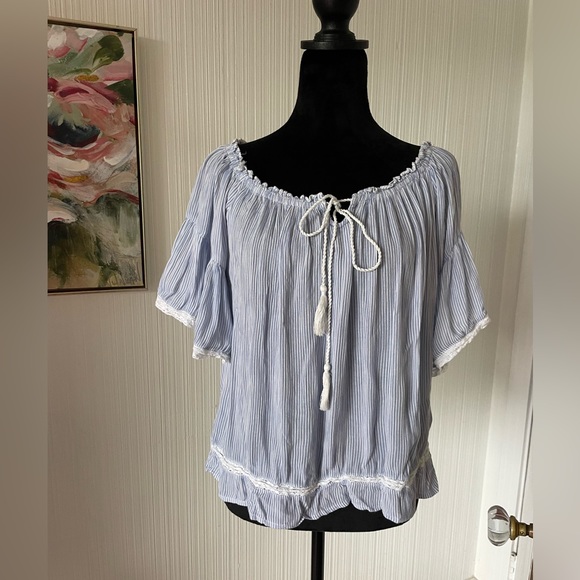 American Eagle Outfitters Tops - American Eagle coastal boho striped top with lace and tassel ties M blue